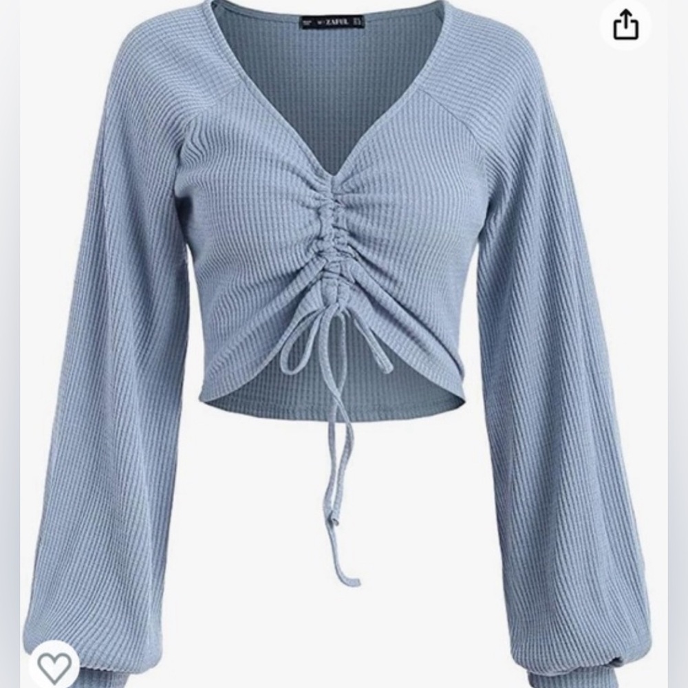 Zaful Light Blue Waffle Knit Crop Top With Long Sleeves